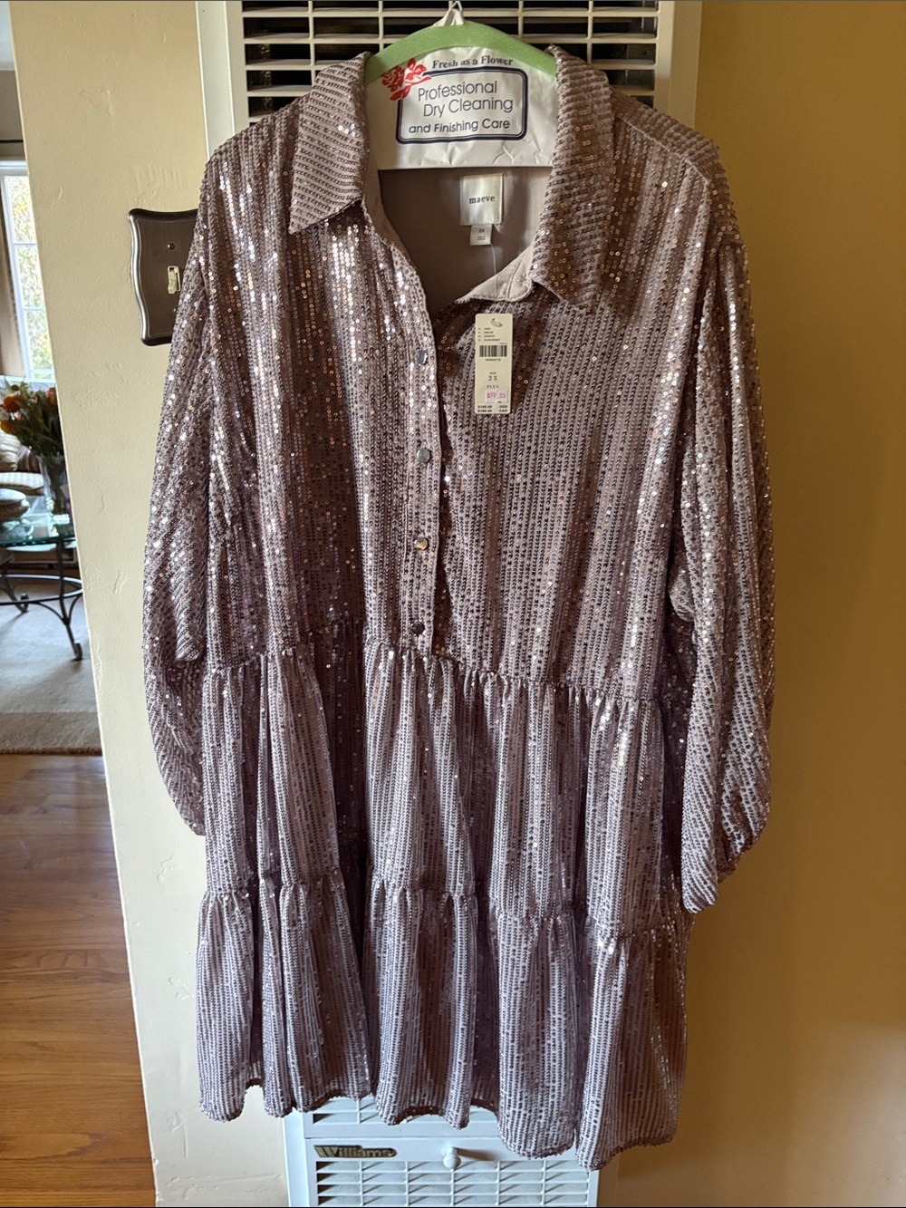 Anthropologie Maeve Rose Gold Sequin Tiered Shirt Dress